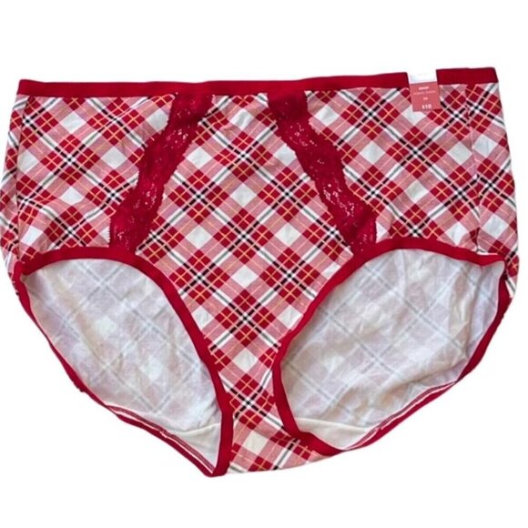 Ambrielle ORGANIC Cotton Red Taffy Lace Plaid Brief Panties Size 3X NWT - Picture 1 of 6
